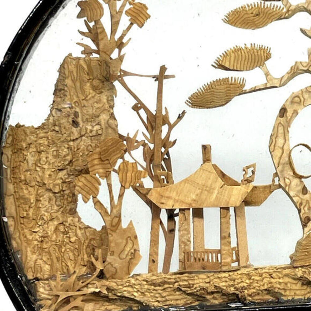 Vintage Chinese Cork Diorama 4" Art in Glass Shadow Box Lacquer‎ Frame Glass - Picture 8 of 9